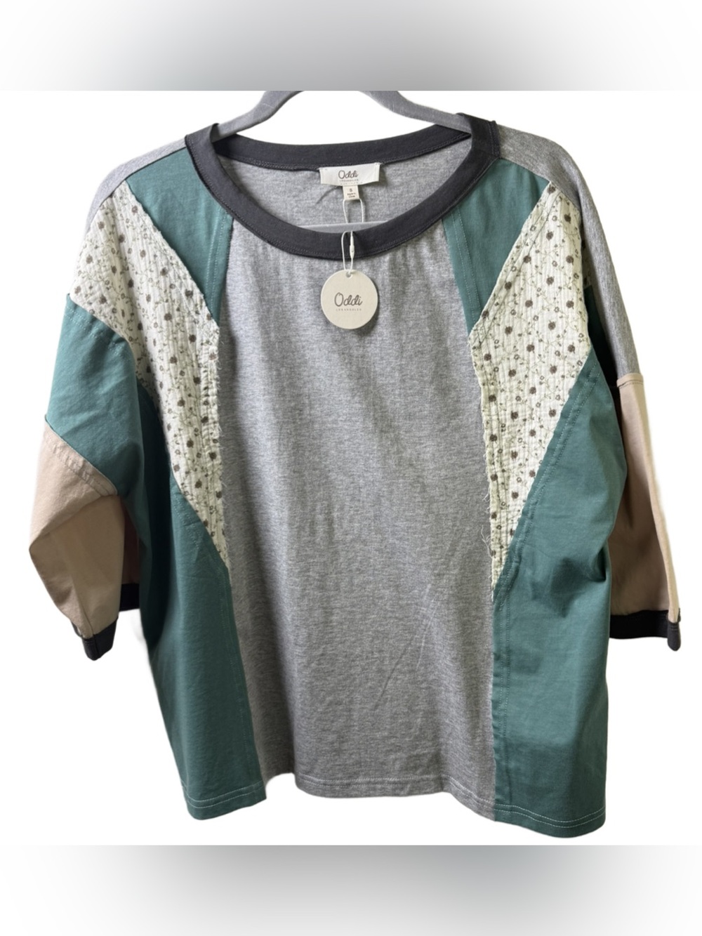 Oddi Women's Grey & Teal Short Sleeve Colorblock Tee NWT
